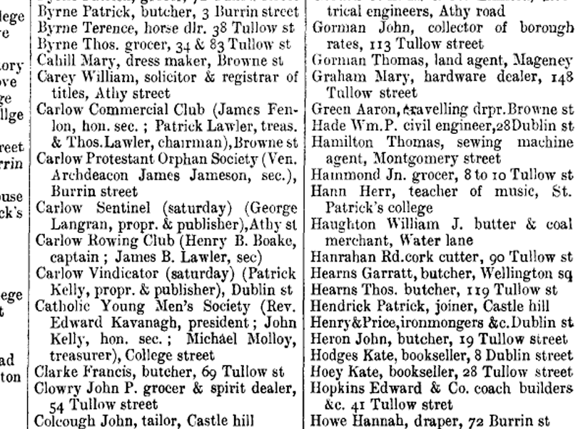 John P Clowry, Grocer & Spirit Dealer, 54 Tullow Stret, Carlow - 1894 Slaters Directory